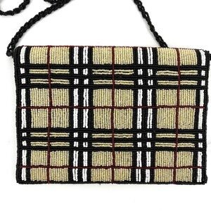 BEADED Iconic Nova Check Plaid Tan White Black Red Glass Beads Envelope Clutch